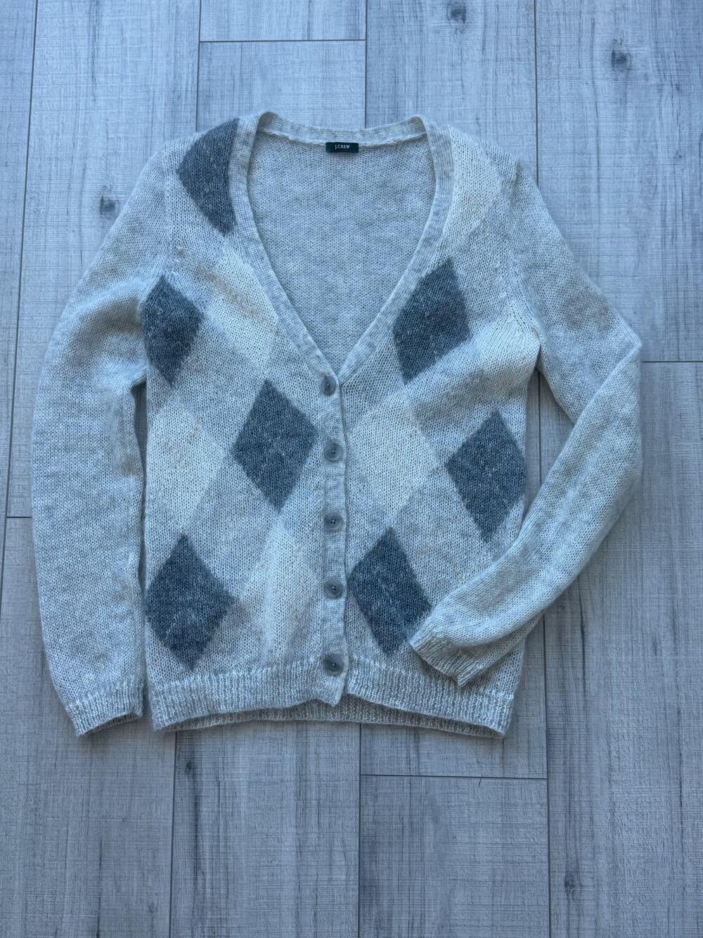 Crew Women's Argyle Button Front Cardigan Sweater Ivory Gray Lightweight Knit